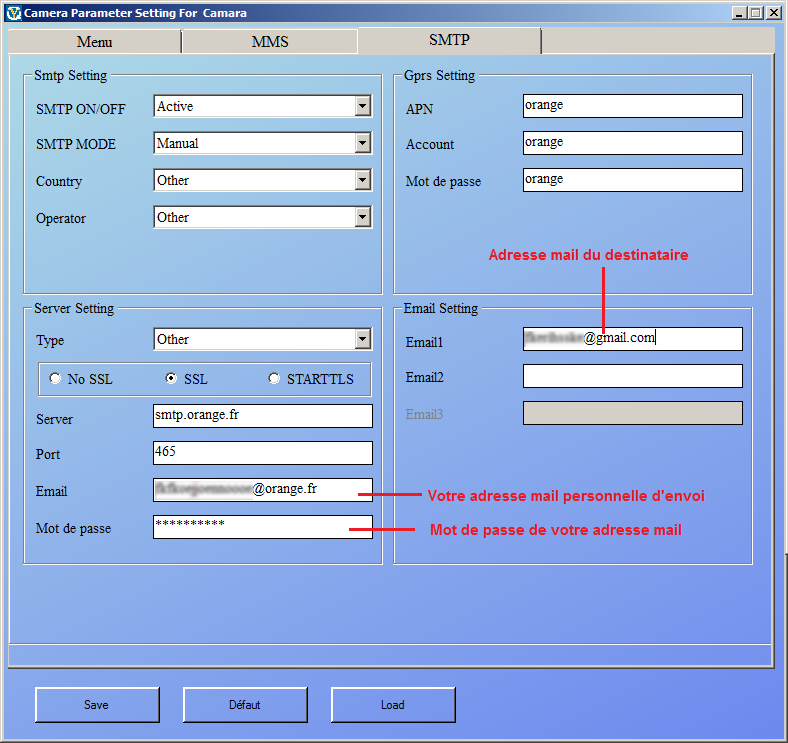 Configuration mail camra HC Orange